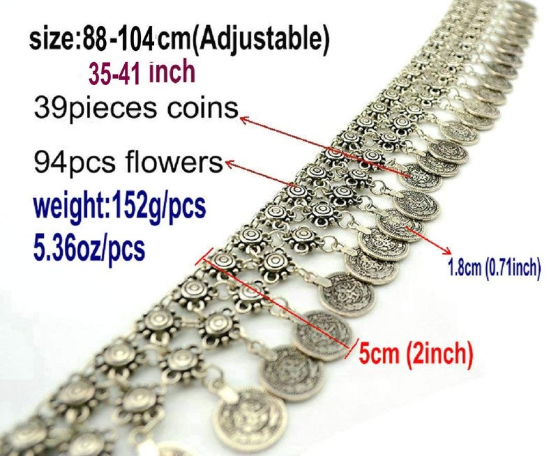 TianBo Vintage Antique Silver Color Coin Tassels Pendant Belly Dance Body Chain Waist Chains Turkish Gypsy Carving Beach Belt Body Jewelry for Women Size 35-41in Adjustable - Image 3